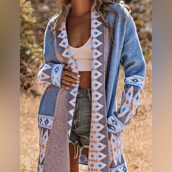 Sweaters - Cardigan Aztec Sweater ~ Long Sleeve Tribal Print Wool Knit Open Front in Blue